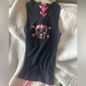 Folter Black & Pink tartan skull tank w corset lacing XL